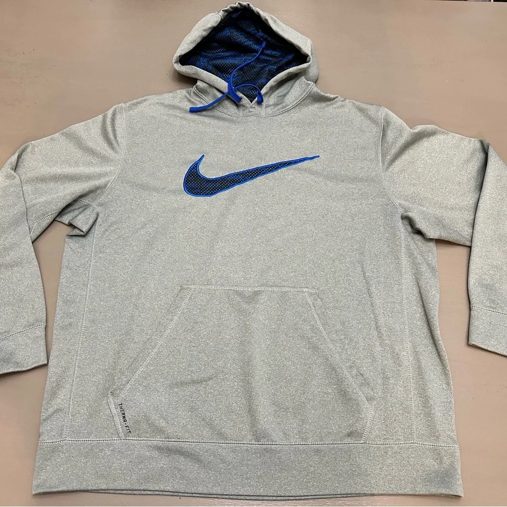 Nike Hoodie Therma-FIT Men's XL Gray Blue Swoosh Pullover Sweatshirt 657533-063